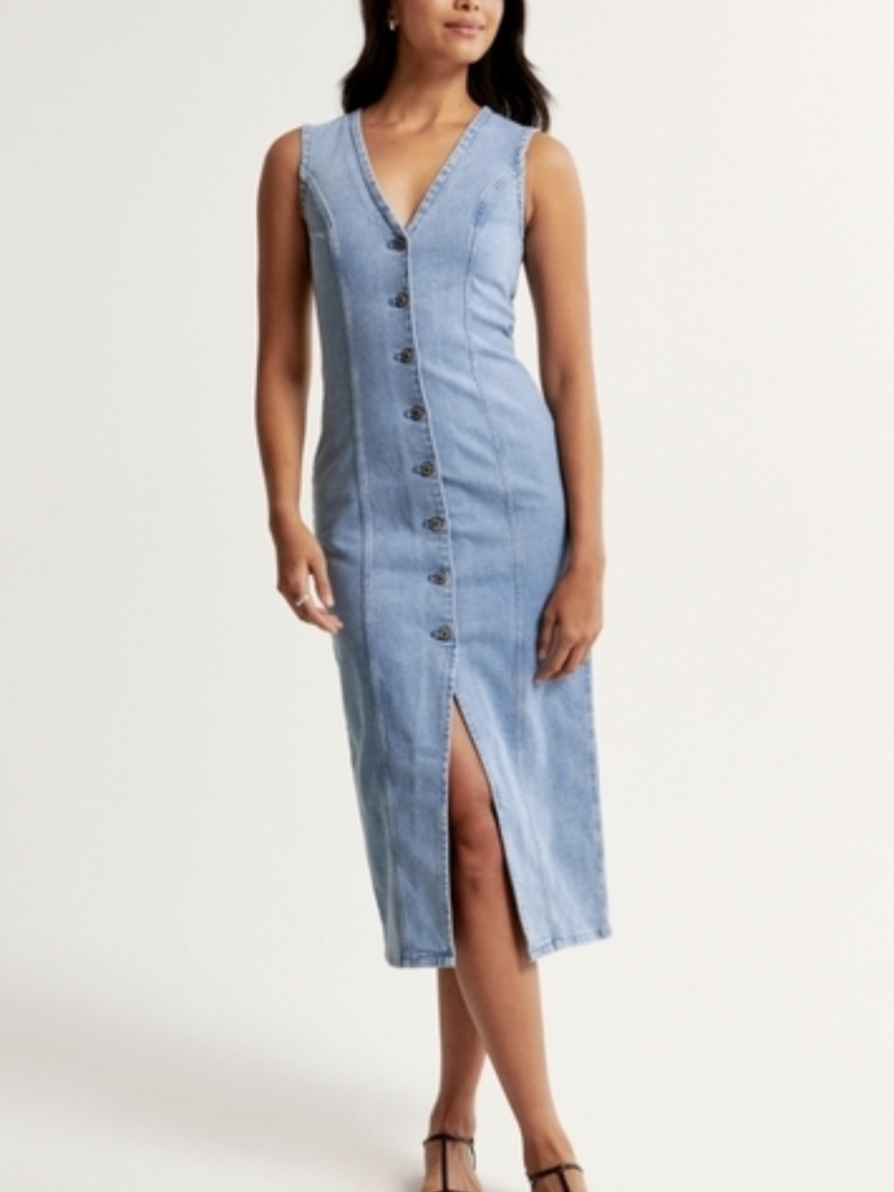 Abercrombie & Fitch Light Blue Denim Button-Front Midi Dress